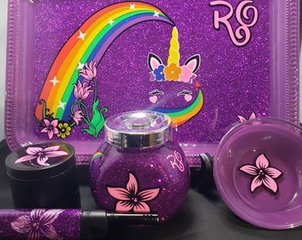 Unicorn lily Custom Rolling Tray set with grinder
