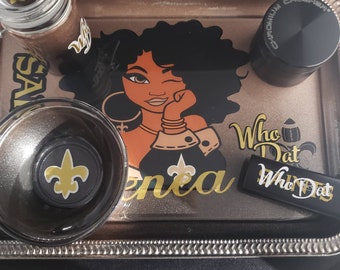 Saints Girl Custom Weed Rolling Tray with grinder.