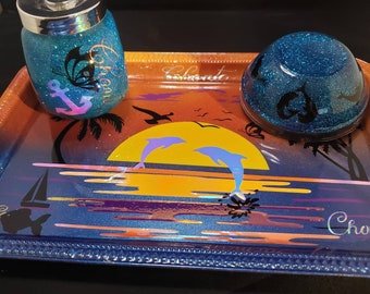 Dolphine Sunset Custom Rolling Tray Set with grinder.