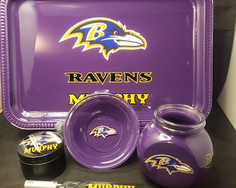 Baltimore Ravens Custom Rolling Tray Set with grinder.  Purple