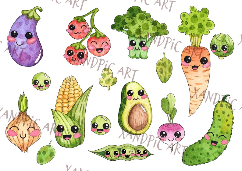 Download Clip Art Kawaii Vegetables Clipart Watercolor Hand Drawing Onions Avocados Cute Vegetables Eggplant Broccoli Cherry Tomatoes Carrots Peas Art Collectibles