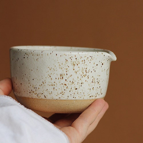 White Ceramic Matcha Bowl With Spout Stoneware Speckled Etsy