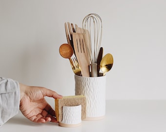 Set of utensil holder and ceramic sponge holder for kitchen sink, Utensil crock  Kitchen canisters, Utensil crock, Ceramic vase, Pottery jar
