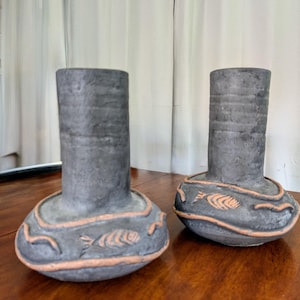 Set of 2 Signed Colin Thorburn Vintage Ceramic Fish Vase Raku Pottery