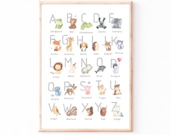 Kinderbild ABC Poster Tiere, Alphabet Poster Tiere, Alphabet Bild, Poster Kinderzimmer ABC, Buchstaben Poster Kinder, A4 & A3 Lernposter ABC