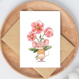Karte Blumengrüße Maus mit Blumenstrauß · Grußkarte Glückwunschkarte Gratulation Geburtstag Geschenkidee Dankeskarte Geburtstagskarte A6