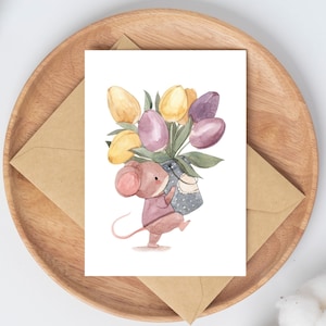 Karte Blumengrüße Maus mit Tulpen · Grußkarte Glückwunschkarte Gratulation Geburtstag Geschenkidee Dankeskarte Geburtstagskarte A6