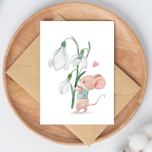 Karte Blumengrüße Maus mit Schneeglöckchen · Grußkarte Glückwunschkarte Gratulation Geburtstag Geschenkidee Dankeskarte Geburtstagskarte A6