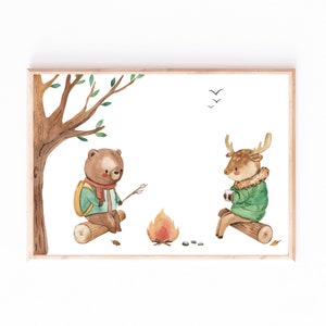 Kinderbild Kinderposter "Lagerfeuer Bär und Hirsch", A4 & A3 Poster Kinderzimmer Deko, Kinderbilder, Dekoration Babyzimmer Wanddekoration