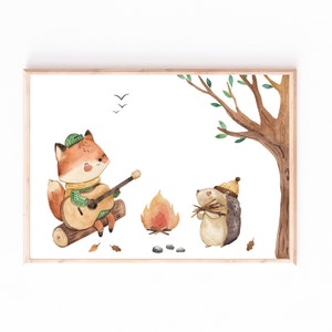 Kinderbild Kinderposter "Lagerfeuer Fuchs und Igel", A4 & A3 Poster Kinderzimmer Deko, Kinderbilder, Dekoration Babyzimmer Wanddekoration