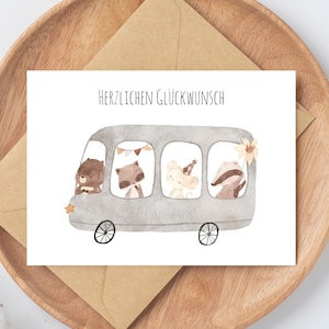 Karte Kindergeburtstag, Glückwunschkarte "Bus der Tiere", Herzlichen Glückwunsch Tiere Geburtstagskarte Kind, Karte Kindergeburtstag, DIN A6