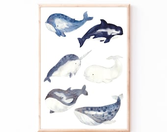 Kinderbild Kinderposter "Wale", A4 & A3 Poster, Kinderzimmer, Kinderbilder Tiere, Bild Babyzimmer, Wanddekoration, Poster Baby Geschenk