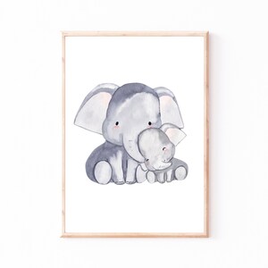 Kinderbild Kinderposter "Mama Elefant und Baby", A4 & A3 Poster Kinderzimmer, Kinderbilder Tiere, Babyzimmer, Wanddekoration, Baby Geschenk