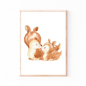 Kinderbild Kinderposter "Mama Reh und Baby", A4 & A3 Poster Kinderzimmer, Kinderbilder Tiere, Babyzimmer, Wanddekoration, Baby Geschenk
