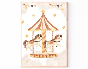 Kinderbild Kinderposter "Vintage Zirkus Karussell", A4 & A3 Poster, Kinderzimmer, Kinderbilder Tiere, Babyzimmer, Wanddeko, Baby Geschenk