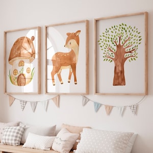 Posterset Kinderzimmer Wald · Kinderzimmer Bilder Geschenkidee Kinder Reh Baum Pilz Haus Kinderzimmer Deko Babyzimmer Baby Geschenk Geburt