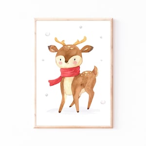 Weihnachtsposter Reh mit Schal · Kinderzimmer Bilder Geschenkidee für Kinder Weihnachten Kinderzimmer Deko Babyzimmer Baby Geschenk A5 A4 A3