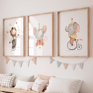 Posterset Kinderzimmer Zirkus · Kinderzimmer Bilder Geschenkidee Kinder Elefant Bär Maus Kinderzimmer Deko Babyzimmer Baby Geschenk Geburt