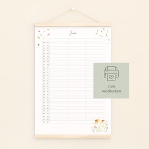 Könnte beinhalten: Ein weißer Wandkalender für Juni, aufgehängt an einer Holzleiste. Der Kalender hat ein Rasterlayout mit floralen Akzenten und dem Wort "June" in Schreibschrift. Ein kleines grünes Quadrat mit einem Druckersymbol und den Worten "Zum Ausdrücken" befindet sich rechts.
