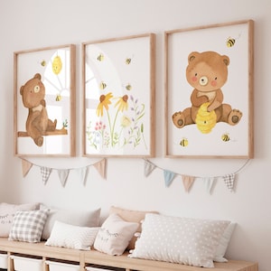 Posterset Kinderzimmer Bär & Bienen · Kinderzimmer Bilder Geschenkidee Kinder Kleiner Bär Kinderzimmer Deko Babyzimmer Baby Geschenk Geburt