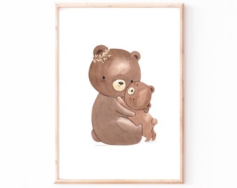 Kinderbild Kinderposter "Mama Bär und Baby", A4 & A3 Poster, Kinderzimmer, Kinderbilder Tiere, Babyzimmer, Wanddekoration, Baby Geschenk