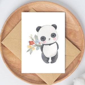 Karte Blumengrüße Panda, Grußkarte Glückwunschkarte Gratulation Geburtstag Geschenkidee Dankeskarte Geburtstagskarte, DIN A6