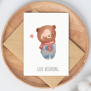 Karte Gute Besserung Wünsche Genesungskarte Kinder Bär krank Aufmunterungskarte Geschenk Teddybär mit Herz A6