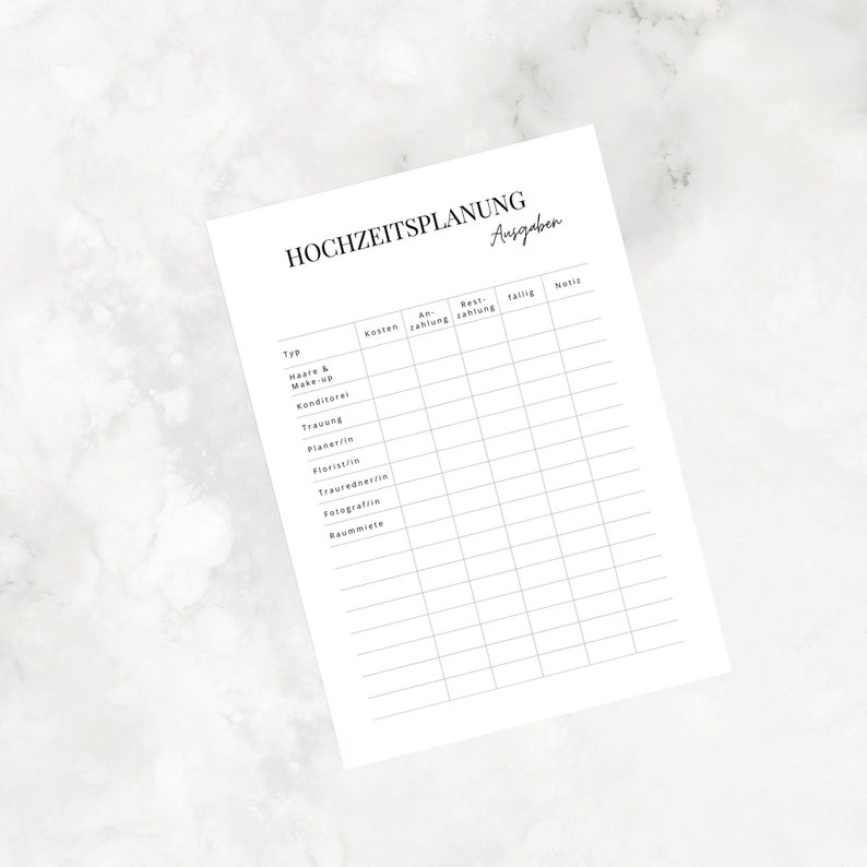 May include: A printable wedding planning checklist with columns for type, cost, payment date, remaining payment, due date, and notes. The checklist includes categories such as hair and makeup, catering, wedding ceremony, planner, florist, officiant, photographer, and venue rental.
