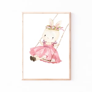 Poster Kinderzimmer Hase & Schaukel · Kinderzimmer Bilder Geschenkidee Kinder Kinderzimmer Dekoration Babyzimmer Deko Baby Geschenk Geburt