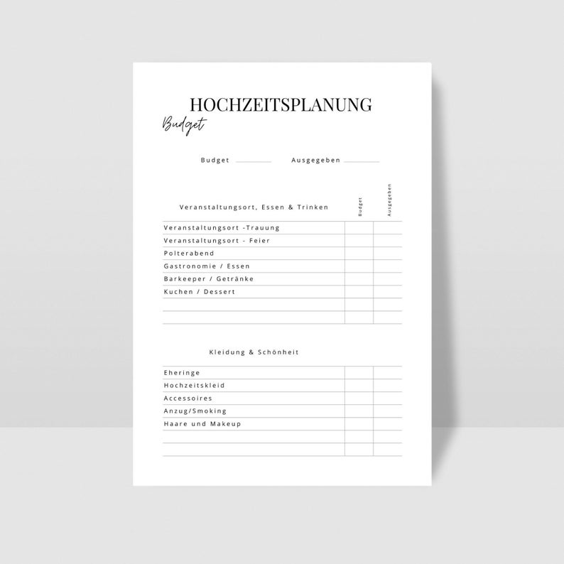 May include: A printable wedding planning checklist with sections for budget, venue, food and drink, attire, and beauty. The checklist includes spaces to track budget and expenses.