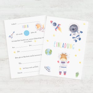 Einladung Kindergeburtstag Astronauten im Weltraum Vorlage zum Ausfüllen A6 · 1 /  5 / 10 Einladungskarten für Kinder im Set