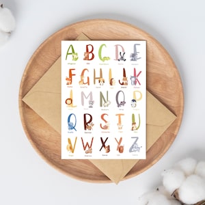 ABC Karte A6, Glückwünsche zur Einschulung Lernkarte, Karte zur Einschulung, Geschenke zur Einschulung, ABC lernen Alphabet, Alphabet Tiere