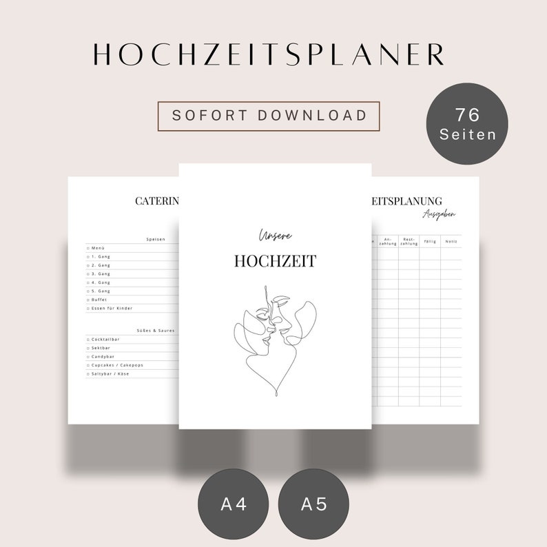 May include: A wedding planner with 76 pages, featuring a minimalist design with a line drawing of a couple. The planner includes sections for catering, guest list, and itinerary planning.