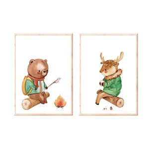 Posterset Kinderzimmer Lagerfeuer · Kinderzimmer Bilder Geschenkidee Kinder Bär Hirsch Kinderzimmer Deko Babyzimmer Baby Geschenk Geburt