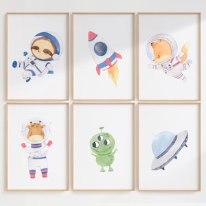 Posterset Astronauten Fuchs Giraffe Alien Ufo Kinderposter Kinderzimmer Deko Babyzimmer Kinderbilder Baby Geschenk Geburt 6er Set Weltall