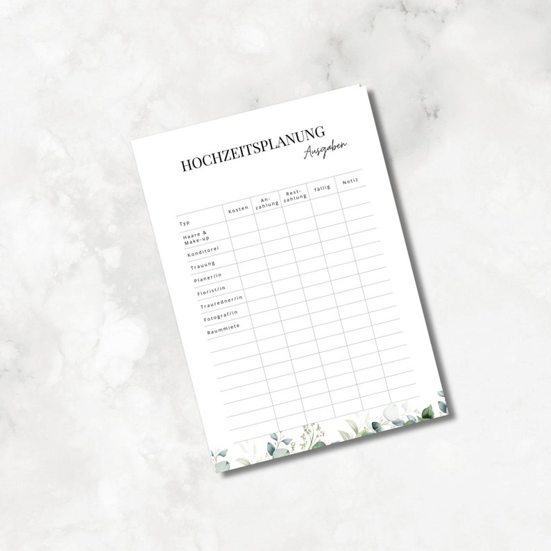 Pode incluir: Uma lista de verifica&ccedil;&atilde;o imprim&iacute;vel para o planejamento de casamento com colunas para o item, o custo, o pagamento, o saldo restante, a data de vencimento e as notas. A lista de verifica&ccedil;&atilde;o &eacute; decorada com uma borda floral.