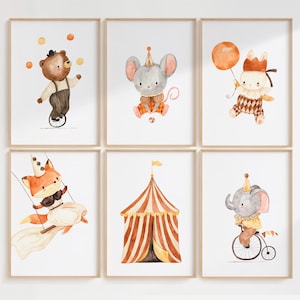 Posterset Zirkus Bär Maus Hase Fuchs Elefant Zirkuszelt Kinderposter Kinderzimmer Deko Babyzimmer Kinderbilder Baby Geschenk Geburt 6er Set