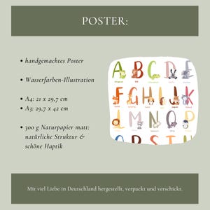 May include: A colorful alphabet poster with animals illustrated in watercolor. The poster is available in two sizes: 21 x 29.7 cm (A4) and 29.7 x 42 cm (A3). It is printed on 300g natural paper with a matte finish.