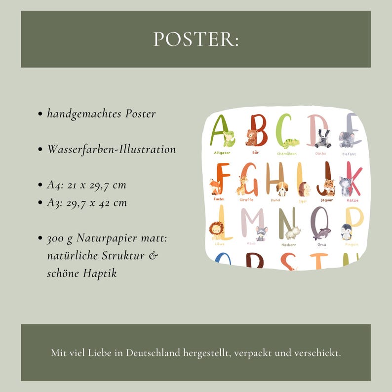 May include: A colorful alphabet poster with animals illustrated in watercolor. The poster is available in two sizes: 21 x 29.7 cm (A4) and 29.7 x 42 cm (A3). It is printed on 300g natural paper with a matte finish.