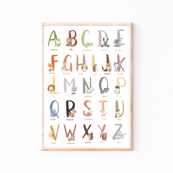 Kinderbild ABC Poster Tiere, Alphabet Poster Tiere, Alphabet Bild, Poster Kinderzimmer ABC, Buchstaben Poster Kinder, A4 & A3 Lernposter ABC