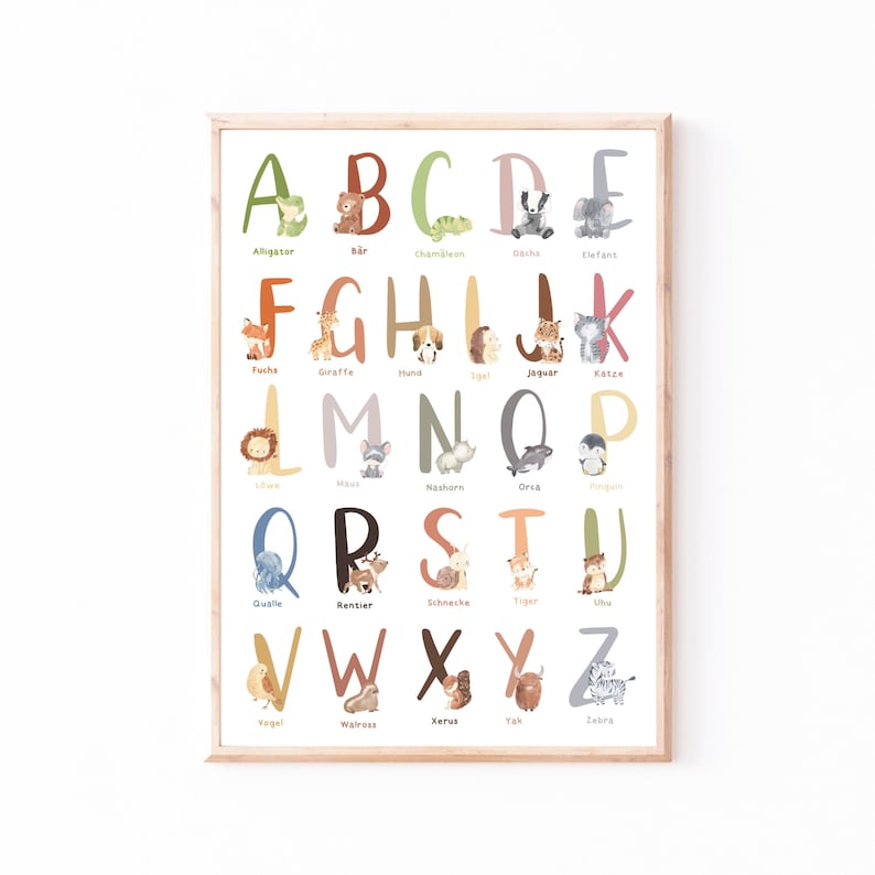 Poster ABC der Tiere A4 & A3 Lernposter mit handgemalten Tierillustrationen und Buchstaben, ideal fürs Kinderzimmer, auf hochwertigem, mattem 300g Naturpapier gedruckt.