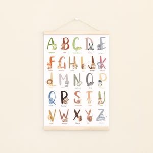 Poster ABC der Tiere A4 & A3 Lernposter mit farbenfrohen Illustrationen von Buchstaben und Tieren für Kinderzimmer oder Spielzimmer, auf hochwertigem 300g Naturpapier.