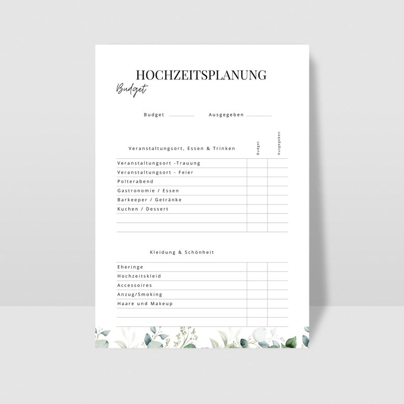 Pode incluir: Uma lista de verifica&ccedil;&atilde;o de or&ccedil;amento de planejamento de casamento imprim&iacute;vel com se&ccedil;&otilde;es para o local, comida e bebidas, roupa, etc. A lista de verifica&ccedil;&atilde;o tem um fundo branco com texto preto e uma borda floral.