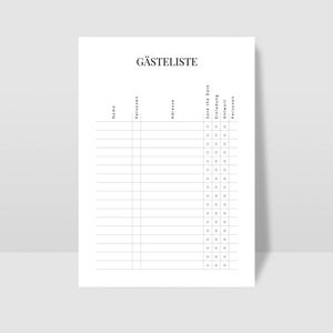 May include: A printable guest list template with columns for name, number of people, address, save the date, invitation, response, and number of people attending.