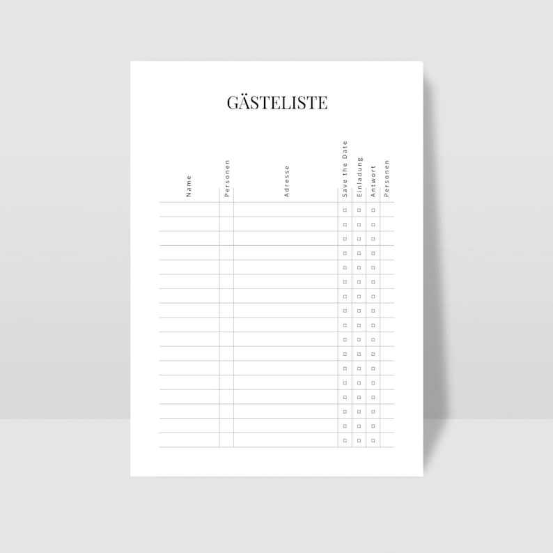 May include: A printable guest list template with columns for name, number of people, address, save the date, invitation, response, and number of people attending.