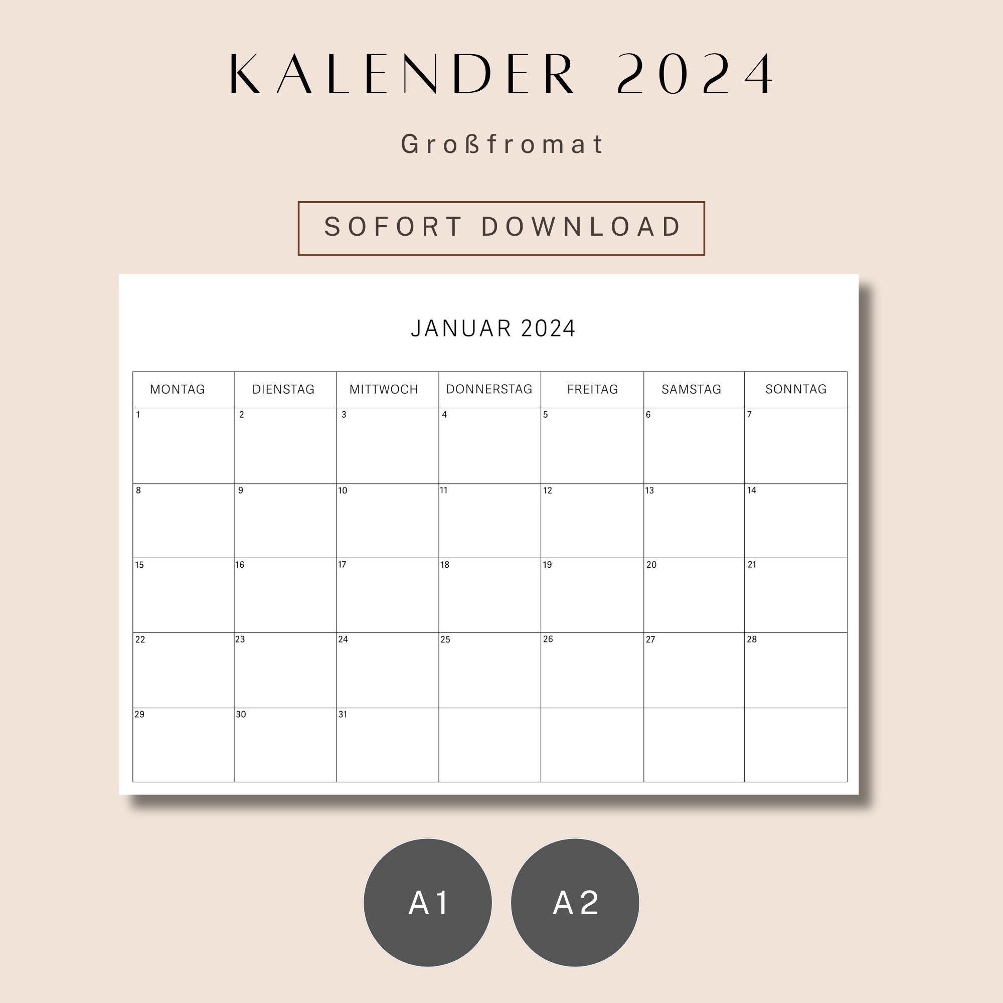 2025 Kalender zum Ausdrucken 12 Seiten A1, A2 Großformat Wochenplaner 