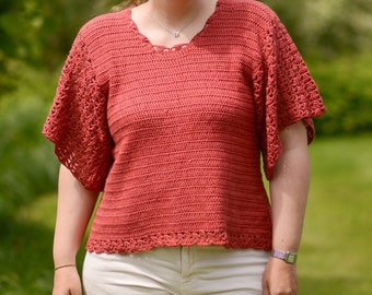 Boho crochet top pattern summer, crochet tee pattern for women, XS to 5XL slightly cropped crochet pattern for top with lace sleeves