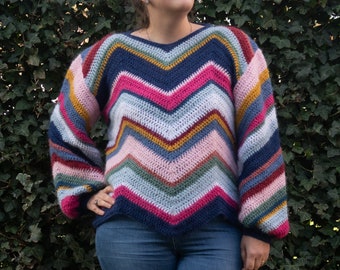 Virkad tröja för kvinnor, roligt virkmönster för kvinnor, chevron-virkmönster, fluffigt tröja-virkmönster för kvinnor, XS>5XL