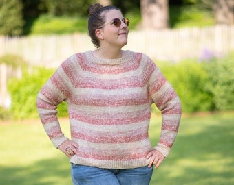Striped sweater raglan knitting pattern, fall sweater knitting pattern for women, dk yarn + mohair sweater knit pattern women