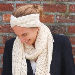 Twisted headband and crochet scarf pattern set, long scarf crochet pattern and matching crochet earwarmer, crochet headband, crochet scarf